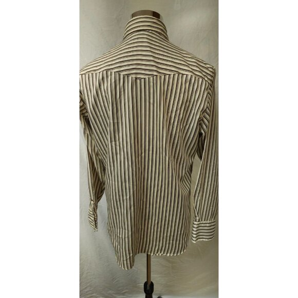 Vtg Stockman By PMC Mens Beige Brown Stripe Pearl Snap Long sleeve Western Shirt - Picture 7 of 11